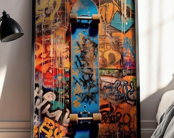 Arte mural con grafitis dinámicos de patineta, decoración urbana chic, descarga digital con colores llamativos, ilustración de arte callejero, cultura del skate, diseño vanguardista