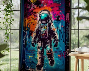 Graffiti da parete con astronauta, download digitale, poster di street art moderna, decorazione da parete con astronauta spaziale colorato, stampa pop art con dipinto di astronauta