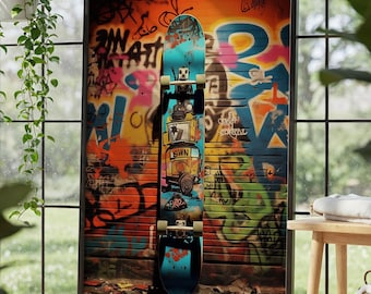 Impresión de arte urbano con grafiti y patineta, decoración de pared vibrante y vanguardista, descarga digital contemporánea, arte mural de estilo callejero, impresión digital moderna