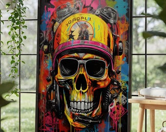Arte mural con grafiti de calavera, descarga digital, decoración de pared con calavera de esqueleto, lámina artística gótica de Halloween, arte pop callejero, póster de grafiti