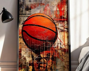 May include: A rectangular framed wall art print featuring a vibrant orange basketball centered against a textured, abstract background with layered red, black, and white paint splatters, drips, and distressed urban-style graphic elements.