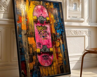 Impresión de arte mural de patineta con grafiti rosa, decoración urbana atrevida, póster digital de arte pop grunge, ambiente de skate park, descarga instantánea