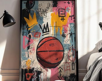 May include: A framed vertical wall art print featuring a central orange basketball surrounded by abstract graffiti-style elements, including yellow crowns, black ink scribbles, and splashes of pink and blue paint on a textured, multi-colored background.