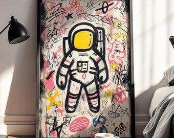 May include: A framed wall art print featuring a central illustration of an astronaut with a bright yellow visor, set against a chaotic background of black, pink, and yellow graffiti-style scribbles, lines, and abstract shapes on a white canvas.
