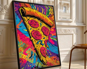 Pop Art Pizza Wall Art, Graffiti Pizza Slice Print, Colorful Street Art Kitchen Decor, Neon Food Artwork Digital Download