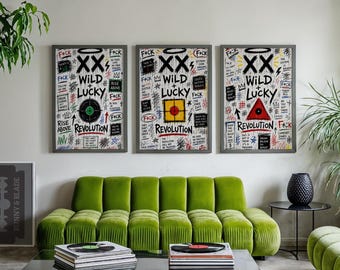 May include: Three framed wall art prints featuring the text XX WILD + LUCKY REVOLUTION with graffiti-style markings, symbols, and shapes. The prints are displayed above a lime green tufted sofa in a room with industrial ceiling pipes.