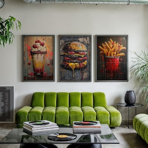 Zestaw 3 Graffiti Food Art Prints, Hamburger, Frytki, Milkshake - Odważna miejska dekoracja ścienna, Nowoczesna sztuka kuchenna, Kolorowe pobieranie cyfrowe