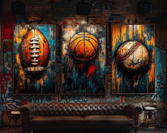 Graffiti Sport Wall Art Set, Set of 3 Wall Art, Baseball, Basketball, Football, Bold Urban Wall Decor, Printable Sport Art, Digital Download