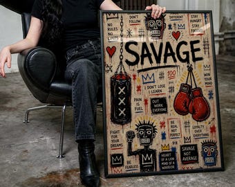 May include: A framed rectangular wall art piece featuring a beige background with black, red, and blue graffiti-style illustrations and text. The central text reads SAVAGE, surrounded by drawings of a punching bag, boxing gloves, and figures.