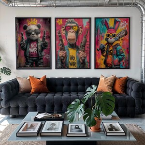 Graffiti Animal Wall Art Prints Set, Street Art Bunny, Monkey and Panda Wall Decor, Urban Digital Download Posters
