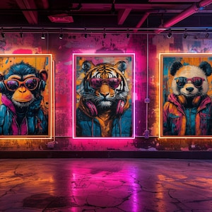 Conjunto de 3 impresiones de grafitis de animales para pared: mono, tigre y panda. Arte callejero, decoración colorida para sala de juegos. Descarga digital.