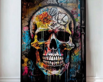 Skull Graffiti Wall Art, Digital Download, Colorful Skull Skeleton