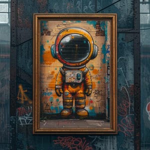 Arte mural con grafitis de astronautas de dibujos animados, divertida impresión urbana de estilo callejero, decoración pop art audaz para espacios modernos, descarga digital