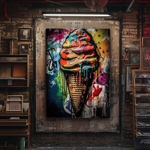 Ice Cream Graffiti Wall Art, Vanilla Waffle Cone Graffiti Print, Modern, Urban, Street Graffiti Digital Art, Colorful Wafer Cone Wall Decor