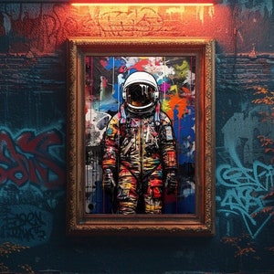 Arte de pared de graffiti de astronauta, descarga digital, impresión de póster de astronauta, arte pop callejero, graffiti urbano, decoración espacial, arte imprimible de astronauta