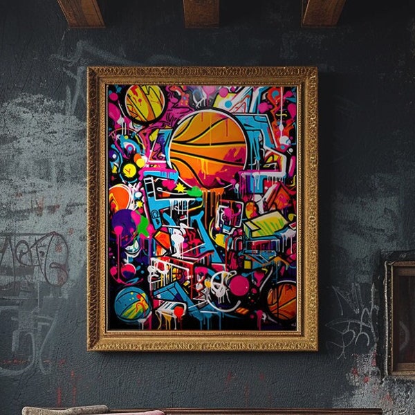 Art mural graffiti basket-ball, téléchargement numérique, impression basket-ball, art ballon de sport, décoration de chambre adolescent, peinture basket-ball, affiche graffiti