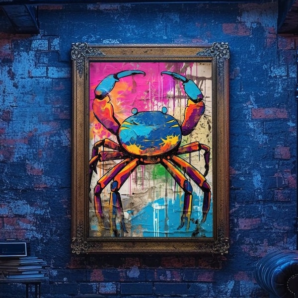 Crab Graffiti Wall Art, Urban Ocean Theme Digital Print, Modern Street Art, Colorful Crab Wall Decor, Marine Life Urban Graffiti Poster