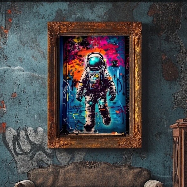 Astronaut Graffiti Wall Art, Digital Download, Modern Street Art Poster Colorful Space Astronaut Wall Decor, Spaceman Painting Pop Art Print