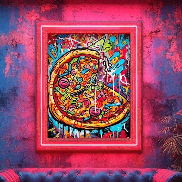 Pizza Graffiti Wall Art, Digital Printable, Pizza Art Print, Colorful Pizza Wall Decor, Pepperoni Pizza Print, Food Kitchen Graffiti Poster
