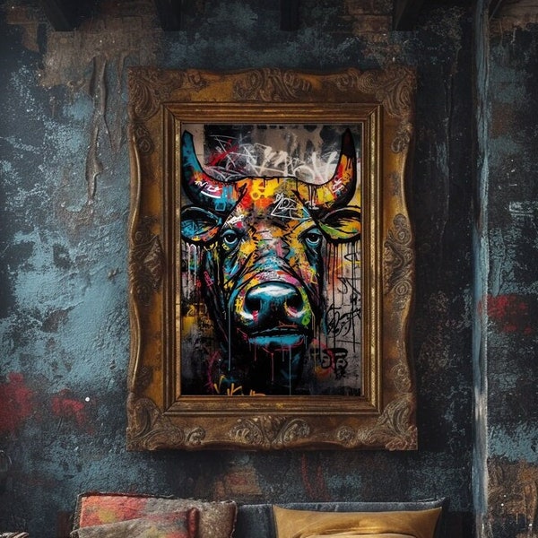 Bull Graffiti Wall Art, Animal Bull Art Graffiti Print, Modern, Urban, Street Graffiti Digital Art, Home, Office Wall Decor Poster