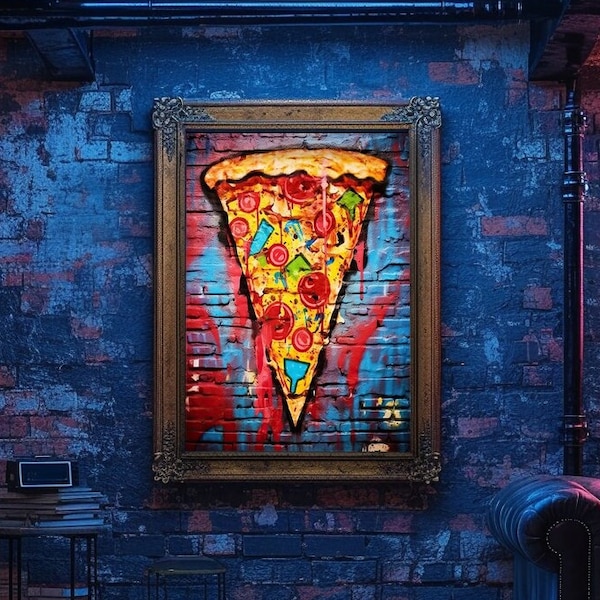 Pizza Slice Graffiti Wall Art, Pizza Print Digital Art, Pepperoni Pizza Wall Decor, Colorful Pizza Graffiti Poster, Printable Street Pop Art