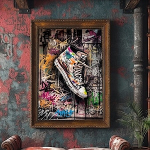 Impression de baskets graffiti colorées, art mural chaussures urbaines modernes, déco Street Pop Art, téléchargement numérique, affiche d'oeuvres d'art graffiti baskets