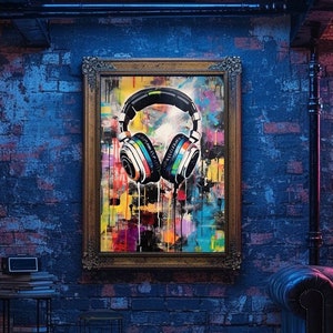 Headphones Graffiti Wall Art - Retro Music Digital Print, DJ Headphones Decor, Gamer Room Art, Music Lover&#39;s Gift, Printable Pop Art Poster