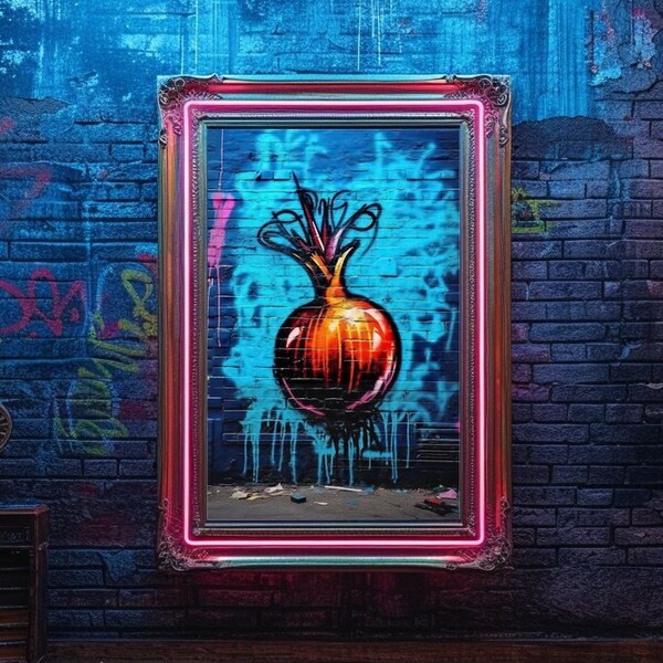 Onion Graffiti Wall Art, Still Life Painting Abstract Graffiti Print, Modern Urban Street Graffiti Digital Art, Vegetables Wall Decor Poster