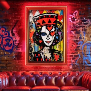 Queen of Hearts Graffiti Wall Art, Printable Digital, Playing Cards Wall Decor, Street Pop Art, Poker Night Cards Art Print, Graffiti Poster