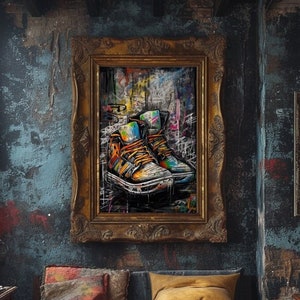 Art graffiti baskets street style, décoration murale chaussure urbaine, impression colorée moderne, téléchargement numérique, affiche graffiti baskets Pop Art, cadeau