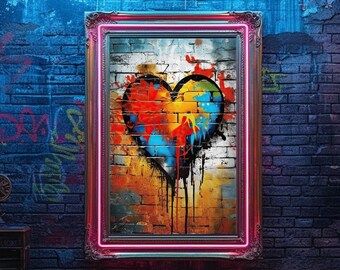 Heart Graffiti Wall Art, Printable Digital, Colorful Love Heart Wall Decor, Heart Painting Modern Artwork, Romantic Street Art, Poster Print