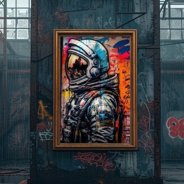 Astronaut Graffiti Wall Art, Space Art Graffiti Print, Modern, Urban, Street Graffiti Digital Art, Space Astronaut Home, Office Wall Poster