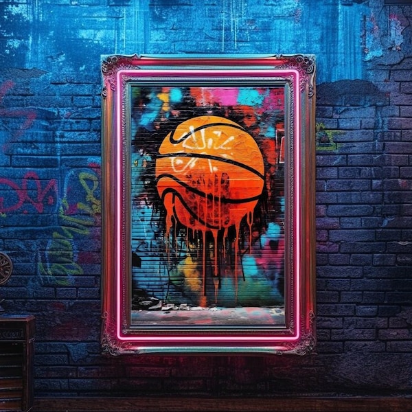 Art mural graffiti basket-ball, impression graffiti ballon de sport coloré, art numérique graffiti rue moderne, affiche de décoration murale peinture basket-ball