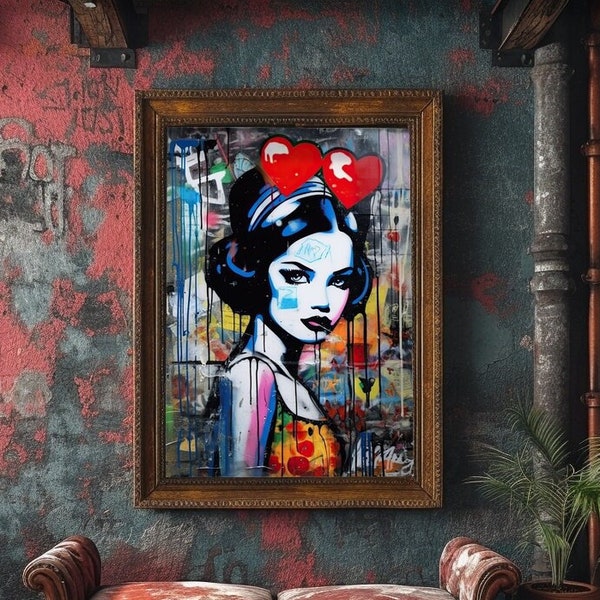 Snow White Graffiti Wall Art, Digital Printable, Colorful Princess Wall Decor, Banksy Snow White Print, Princess Snow White Graffiti Poster