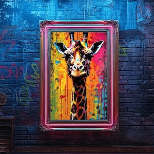 Schattige giraffe graffiti kunst aan de muur, digitale download, kleurrijke giraffe muur decor, stedelijke graffiti, safari bosdieren Street Art Print