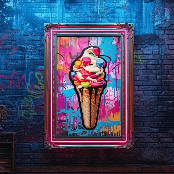 Ice Cream Graffiti Wall Art, Digital Download, Vanilla Waffle Cone Picture Artwork, Abstract Colorful Ice Cream Street Graffiti Wall Decor