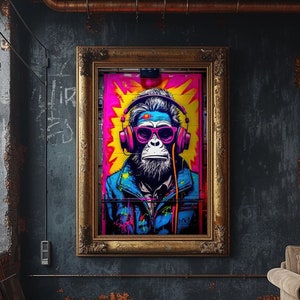 DJ Monkey Graffiti Wall Art, Monkey with Headphones Graffiti Print, Modern Urban Street Graffiti Digital Art, Music Monkey Wall Decor Poster