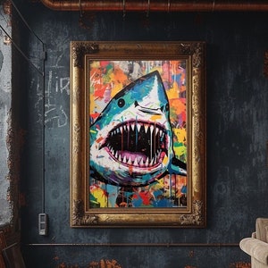 Shark Graffiti Wall Art, Digital Printable, Shark Art Print, White Shark Wall Decor, Ocean Animal Art, Shark Graffiti Poster, Street Pop Art