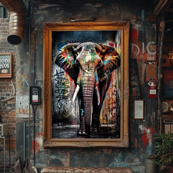 Elephant Graffiti Wall Art, Printable Digital, Colorful Elephant Wall Decor, Animal Modern Artwork, Street Pop Art, Graffiti Poster Prints