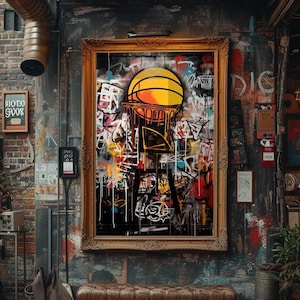 Basketball Graffiti Wall Art, Sports Digital Print, Basketball Wall Decor, Colorful Sports Ball Graffiti Poster Print, Printable Street Art