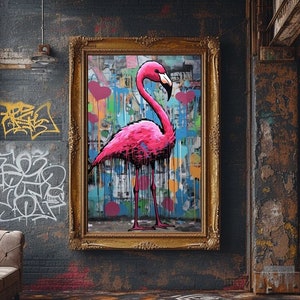 Arte de pared de graffiti de flamenco, digital imprimible, decoración colorida de la pared de flamenco, impresión de arte de flamenco rosa, arte pop callejero, impresión de cartel de graffiti
