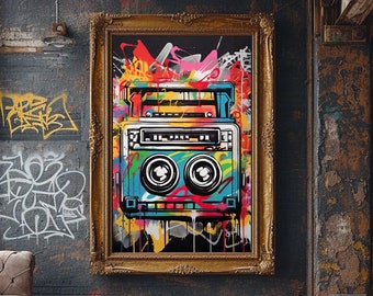 Cassette Graffiti Wall Art, Digital Download, Cassette Printable, Vintage Music Wall Decor, Colorful Cassette Print, Retro Cassette Poster