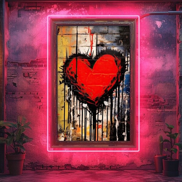 Romantic Heart Street Art Wall Decor, Expressive Colorful Graffiti Digital Print, Urban Love Pop Art Poster for Unique Interior Design