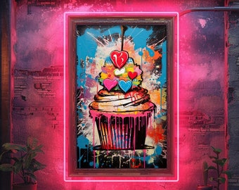 Artistic Cupcake Wall Decor, Graffiti Style Digital Art, Urban Bakery Print, Vibrant Cafe & Kitchen Illustration, Street Pop Art Download