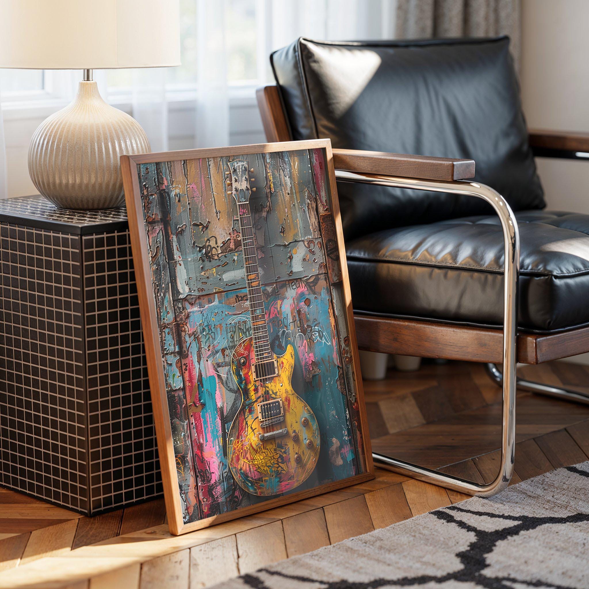 Bold Guitar Graffiti Art, Vibrant Urban Street Style Digital Print