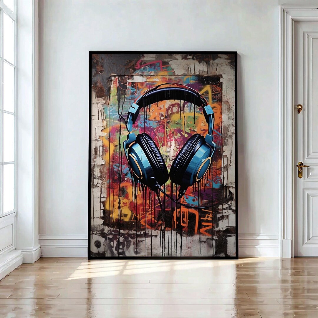 Urban Beats Headphones Art, Retro DJ Graffiti Wall Print, Music