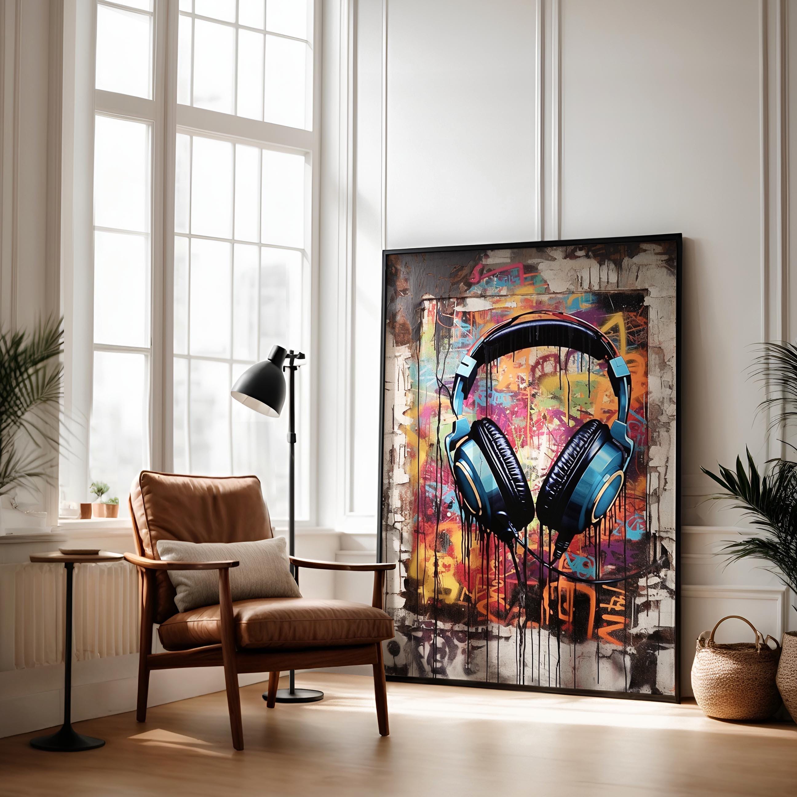 Urban Beats Headphones Art, Retro DJ Graffiti Wall Print, Music