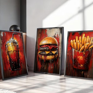 Zestaw 3 wydruków ściennych Food Graffiti, hamburger, frytki, napój gazowany, odważny miejski wystrój ścienny, nowoczesna sztuka kuchenna, kolorowe pobieranie cyfrowe