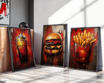 Food Graffiti Set of 3 Wall Art Prints, Hamburger, French Fries, Soda, Bold Urban Wall Decor, Modern Kitchen Art, Colorful Digital Download