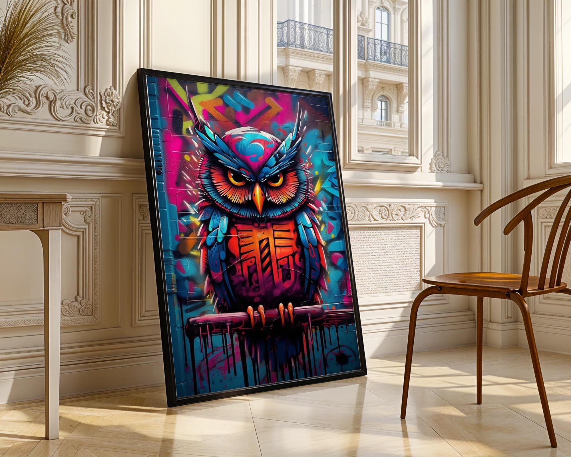 Colorful Owl Graffiti Wall Art, Night Owl Graffiti Print, Modern, Urban, Street Graffiti Digital Art
